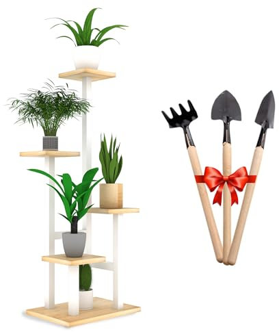 Blumenständer metall - Pflanzenregal Holz - Pflanzenständer mit Werkzeuge als Geschenk -Blumentreppe indoor 4 Etagen Größe 85x23x35 cm