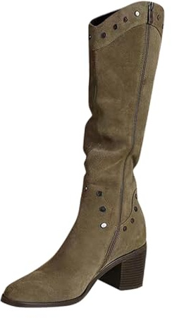 Botas Altas Mujer-Botas Invierno Caña Ancha Camperas Marrones Comodas Estrecha de Ante Tacon Bajo Negras