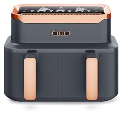ELLE Dual Air Fryer Grey with Rose Gold, 10-in-1 Cooking Methods, Oil Free Cooking, Non-Stick & Dishwasher Safe, Smart & Match Cook (Dual Basket)