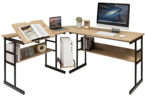 COSTWAY L-format skrivbord, hörnskrivbord av trä med lutbar bordsskiva, 2 hyllor & CPU-stativ, datorbord för hem och kontor, 170 x 150 x 75 cm (natur)