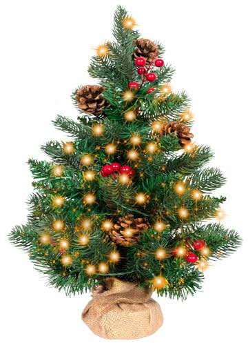50cm Mini Weihnachtsbaum mit 36 LEDs in Warmweiß, Christmas Tree für Innen und Außen Tischplatte Tannenbaum, Schwer Entflammbar Tisch Christbaum klein für Weihnachtsdeko, Grün Tannenbaum Led Klein
