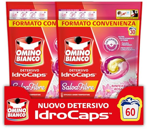 Omino Bianco Idrocaps - Detersivo Lavatrice in Capsule Salva Fibre, 60 Lavaggi, Efficace a Basse Temperature, Profumo Ninfea Rosa, 30 Caps x 2 Confezioni