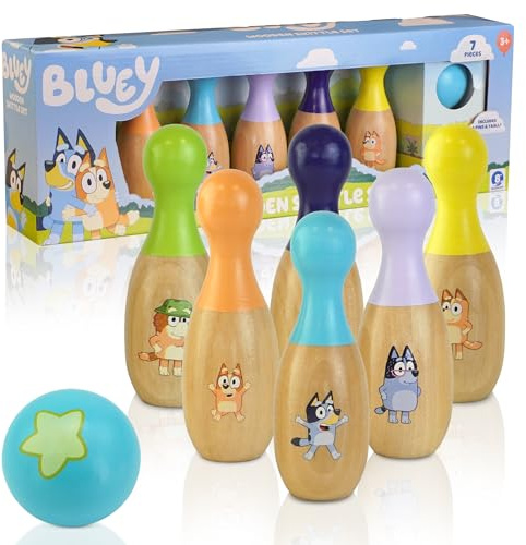 Bluey Wooden Skittles Set, Kids Bowling Game with 6 Character Pins & Ball, Bluey & Bingo Pins, Indoor & Outdoor Play, Durable & Sturdy, FSC Certified Wood, Ages 3+