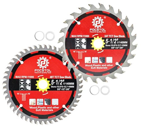 FOCSTOL Lame de Scie Circulaire à Bois 140mm x 15,875/12,7/10mm - 2 Pièces Disque Coupe Bois 24+48 Dents pour Couper Contreplaqué, Panneaux Particules, Plastiques et Autres Matériaux Souples
