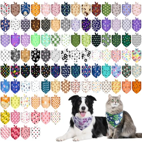 PAWCHIE 100 Pcs Dog Bandanas Bulk Pet Bibs Paw Print Colorful Triangle Scarf Pet Bandanas Plaid Festival Style for Small to Large Dogs Puppies Cats, Spring Summer Birthday Costume Decoration