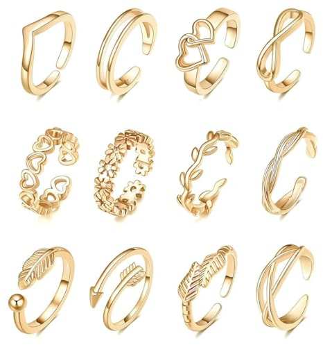 ZORVYN Lot de 12 Bagues d'Orteil Ouvertes et Réglables, Bijoux Élégants en Acier Inoxydable (Doré)