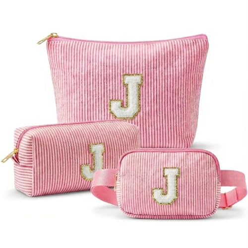 Travel Cosmetic Makeup Bag Set, 3pcs Monogram Makeup Bag with Large & Small Pouch and Waist Bag, Initial Makeup Bag Organizer for Travel, Luggage, Daily Use and Cute Gifts (J)