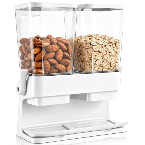 Müslidispenser 2-pack, majsflingor dispenser med 2 genomskinliga behållare | Handspak och uppsamlingsbricka, flingor dispenser för flingor, havregryn, nötter och torra snacks, vit