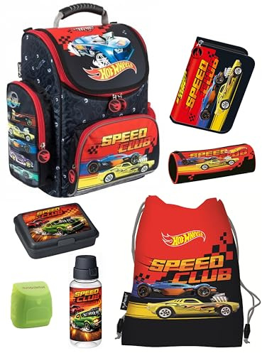 Familando - Schulranzen Set - 7-teilig mit Sporttasche - Hot Wheels - Ergonomisch, stabil & mit gepolstertem Rücken - 1010g leicht - 18L Volumen - Mit Reflektoren - Für Grundschule ab 1. Klasse
