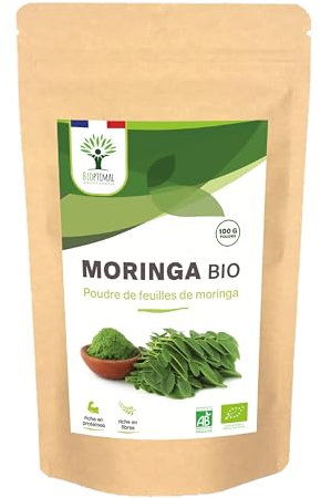 100% Feuille de Moringa Oleifera Bio - Bioptimal - En Poudre - Antioxydant Immunité Anti-Fatigue Cheveux - Vitamine A C E - Origine Kenya - Conditionné en France - Certifié Ecocert - 100 g