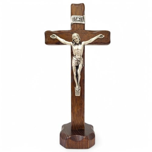 La Balestra Crucifijo de mesa – Artesanal fabricado en Italia Cristo e INRI chapado en plata 999 – Crucifijos de mesa de madera, cuidado y precisión de los detalles de Jesús crucificado – 27 x 13,5 cm