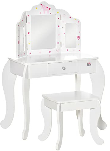HOMCOM Tocador Infantil de Madera con Taburete y Espejo Acrílico de 3 Sectores Mesa de Maquillaje para Niñas con Cajón para Habitación del Niño 63x40x85,5 cm Rosa