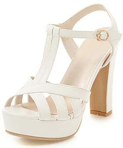Sandali con Tacco Alto Donna, Sandali Peep Toe Eleganti Tacco a Blocco Scarpe da Sera con Plateau Fibbia con Cinturino a T 099 Bianco Numero 33 EU