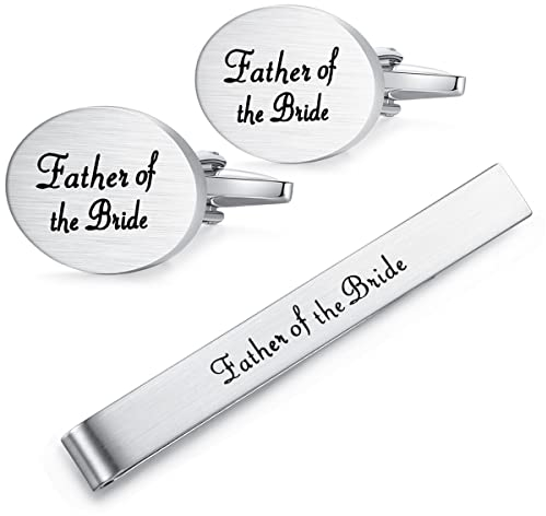 HONEY BEAR Set di Fermacravatta per Gemelli da Sposa Ovali per Regalo di Matrimonio da Uomo con Scatola, Argento Spazzolato, 5,5 cm (Father of the Bride)