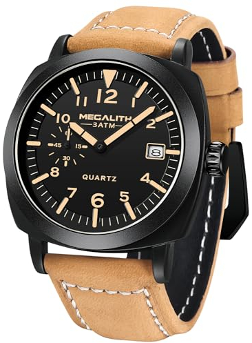 MEGALITH Herrenuhr Militär Sport Outdoor Wasserdicht mit Lederarmband - Großes Zifferblatt Leuchtender Kalender Datum Analoge Quarzuhr Männer Armbanduhr Design