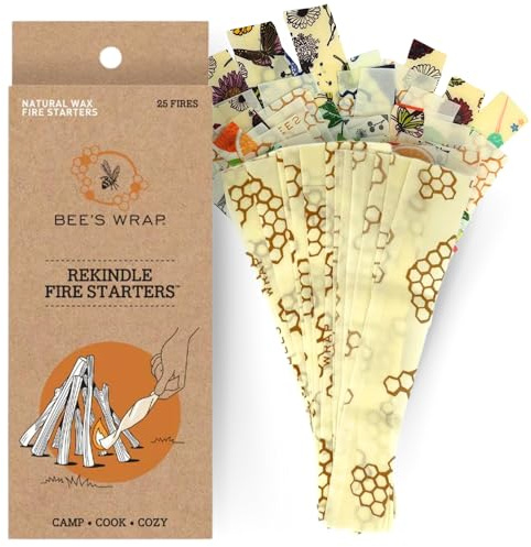 Bee's Wrap ReKindle Natural Fire Starters - 25 Fires - Made in USA Fire Starter from Organic Beeswax Wraps for Food - Safe for Indoor/Outdoor Use