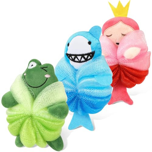 PHOGARY Lot de 3 Fleur de Douche Lavable pour Enfants, Fleur de Bain Adorables pour le Corps, Pouf de Douche en Forme d'Animal Éponges Luffa, Gommage pour le Corps Éponge en Maille pour Enfants-A