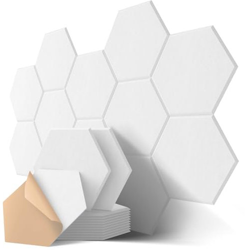 Hexagon Acoustic Panels Self-Adhesive, 18 Pcs Sound Absorbing Panels for Walls, Door, Ceiling, Felt Acoustic Tiles for Studio, Bedroom, Gaming, Recording, 12 X 10.5 X 0.4, White