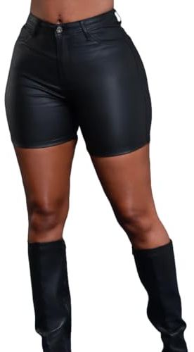 Zebaexf Women Sexy Leather Legging Shorts High Waist Faux Leg Stretchy Shorts PU Leather Pants Black Large