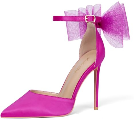 Zhabtuc Dam pumpar med band och hälar stilett stängd tå klackar rosett sandaler spetsig tå ankelrem D'Orsay sexig klänning bröllopsfest pumpskor, Het rosa satin, 40 EU