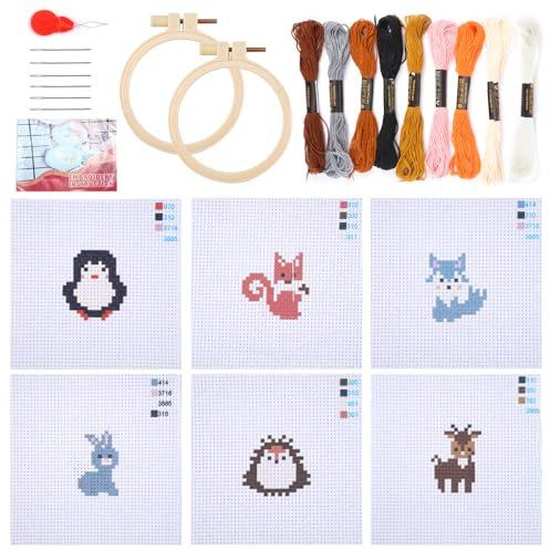 6 Pezzi Punto Croce Kit da Ricamare,Include 6 Schemi Prestampati a Punto Croce,2 Cerchi da Ricamo,9 Rotoli Di Filo da Ricamo,7 Strumenti da Ricamo E Istruzioni, Kit Punto Croce Bambini per Portachiavi