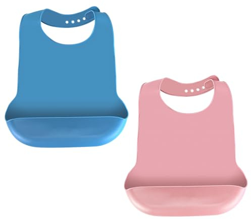 Lot de 2 Bavoirs Lavables en Silicone pour Adultes, Dossards Réutilisables pour Adultes Bavoirs Imperméables pour Hommes Femmes Âgés et Handicapés (Bleu & Rose)