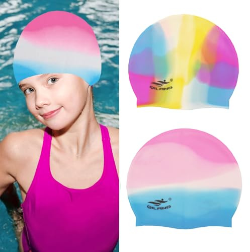 PetsmartTech Waterproof Kids Swimming Cap - 100% Silicone Durabl， 2 PACK Elastic Silicone Swimming Hat Waterproof Swim Cap for Long Short Hair Girls Boys Kids Teens Children