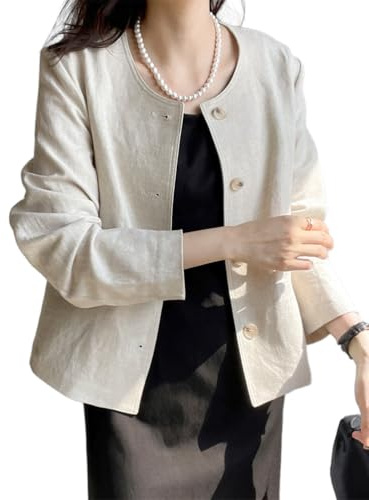 IDEALSANXUN Linen Blazer Jackets for Women 2026 Casual Spring Summer Lightweight Cardigan Tops, Beige, L