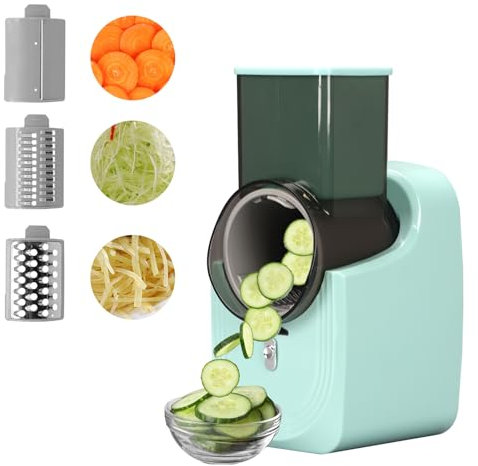 Yallmie Electric Cheese Grater, Electric Vegetable Cutter Mandoline Vegetable Slicer, Vegetable Chopper with 3 Blades Cheese Grater Rotary, Salad Chopper for Easy Veggie Slicing (Green)