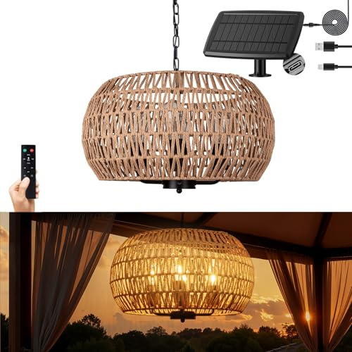 ALL FORTUNE Outdoor Solar Chandelier, 4-Light 19 Rattan Outdoor Chandelier, Hanging Pendant Lights, Waterproof, for Gazebo, Pergola, Porch, Patio