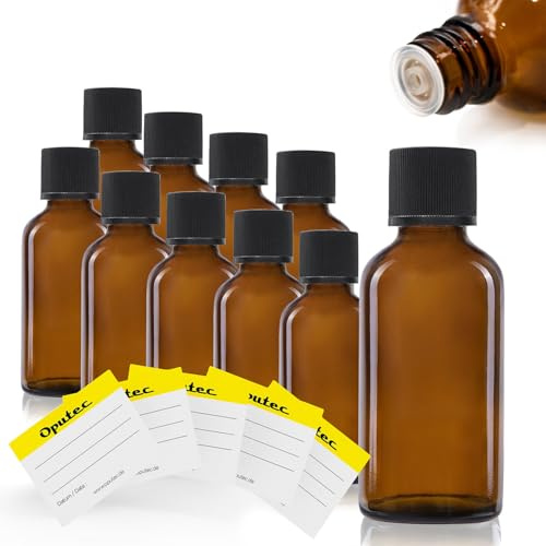 Oputec Lot de 10 flacons compte-gouttes en verre de 30 ml + 10 étiquettes d'étiquetage – Bouteilles de pharmacie marron avec compte-gouttes – Petites bouteilles en verre avec bouchon à vis
