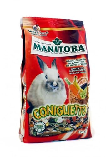 Coniglietto Manitoba Mangime per Conigli, alimento completo per conigli nani con Carote e Frutta | 1 confezione da 1 chilogrammo.