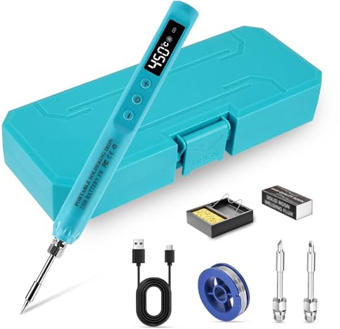 SOARFLY Fer A Souder Sans Fil, USB C Fers à Braser,Kit Fer à Souder Sans Fil Avec écran LCD / 3 Têtes De Soudage,Température 200-450 °C,Pour Réparations De Précision,Bricolage Manu (Bleu)