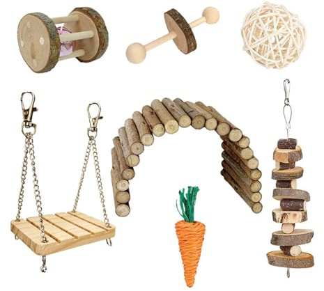 Xanorrg Petit Jouet Balançoire pour Animaux De Compagnie Cage À Perroquet en Bois Naturel Ensemble Terrains Jeux Pont Hamster Jouet Animal Bascule 8 Pièces