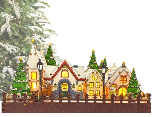Julby i trä set – 30 x 30 x 4,97 cm, upplyst högtidsscen, | prelit vinterdekoration, dekorativa hus för bordsskiva, vintervisning, festlig hemprydnad