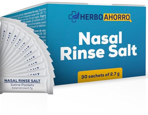 Sal para Lavado Nasal - Cloruro de Sodio Refinado para Irrigación Nasal - Limpieza Suave y Eficaz de Vías Respiratorias - Disolución Fácil - 30 Sobres Individuales de 2,7 g. - HerboAhorro