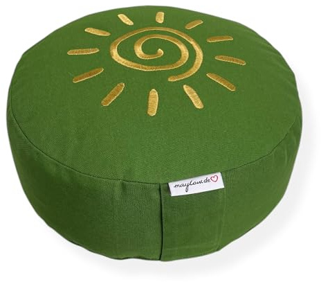 Maylow Yoga con Cuore Cuscino da Meditazione di Alta qualità con Ricamo Shanti Fodera Lavabile Cuscino Interno Imbottito con Farro bio 2 Altezze di Seduta Ø33 cm, Verde Mela, 10