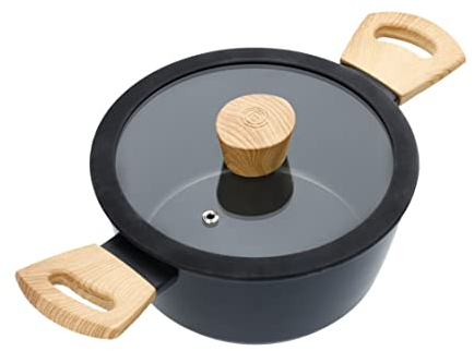 MasterChef Casseruola Antiaderente 20 cm, Pentola Induzione per Pasta, Agnelli, Polenta e altro, Crock Pot Alluminio con Manici Per Pentole in Legno, Antigraffio, Lavabile in Lavastoviglie, Nera