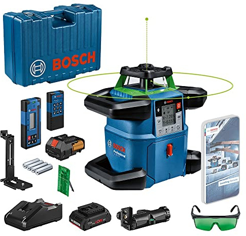 Bosch Professional 18V System Rotary Laser Level GRL 650 CHVG (Green Laser, Exterior Levelling, 1x Battery 18V 4,0 Ah + Charger, w/App Function, Working Range: up to 650m, in Carrying case)
