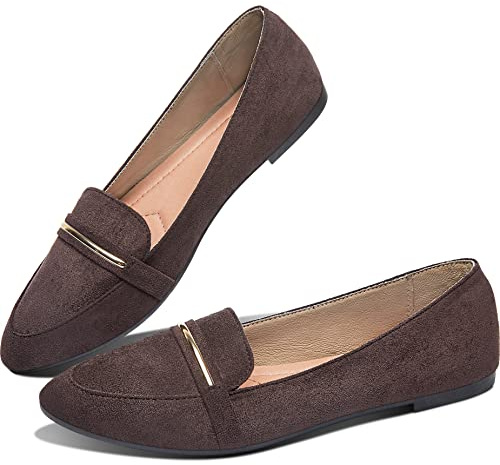 Obtaom Women's Pointy Toe Loafer Flat Comfortable Faux Suede Work Shoes,Cute Penny Loafer Slip On Ballet Flat(Coffee US6)
