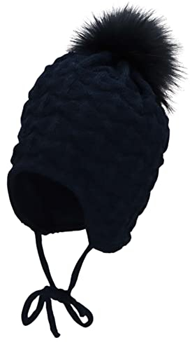 Sterntaler Baby Mädchen Mütze Baby Bommelmütze Struktur Mütze - Mütze Baby - aus Strick mit Ohrenklappen und Bindeband - marine, 45
