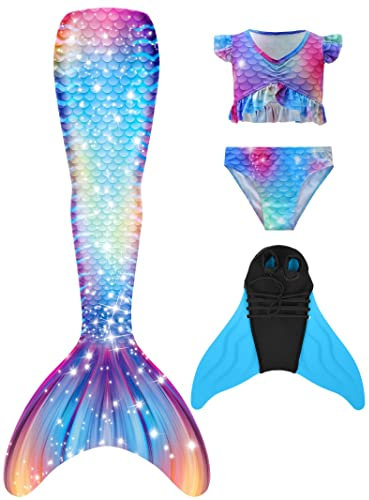 NAITOKE meerjungfrauenflosse mädchen Badeanzug - Meerjungfrau Flosse Bademode mit Bikini Set und Monoflosse Mermaid Tail, 4 Stück Set,POOAL,110