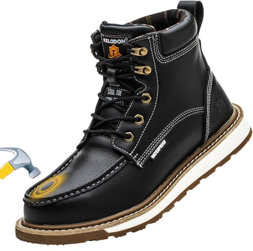 KELODON Waterproof Steel Toe Boots For Men-6 Leather Moc Toe Work Boots Mens Steel Toe Shoes Indestructible Non Slip Resistant Construction Safety Boot,Black,size 11 Men