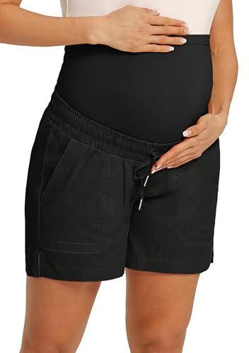Maternity Cotton Shorts Casual Drawstring High Waist Shorts with Pockets Black XL