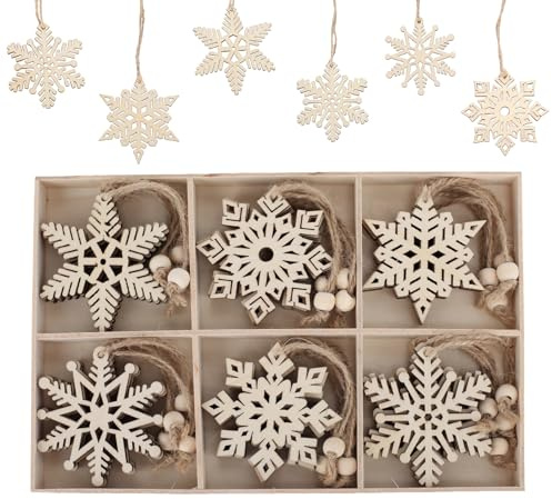 ilauke 24 Adornos de Copos de Nieve de Madera de Navidad Naturales, 6 Diseños Adornos Árbol de Madera Colgante Decoraciones Rústico Artesanía Manualidades, 7x8cm Adornos Colgantes de Navidad