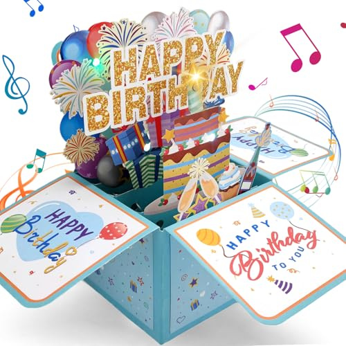 hautllaif 3D Pop Up Birthday Card,Birthday Card with Light Up Blowable LED Candle,Musical Happy Birthday Card for Women,Men,Girls,Boys,Wife,Sister,Kid
