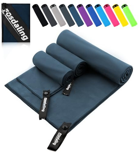 Fosdaling Mikrofaser Handtuch 3er Set - Groß 180×90cm & 2 Klein 80×40cm, Schnelltrocknend Microfaser Sporthandtuch, für Reisehandtuch, Badetuch, Fitness & Sport Handtücher und Strandtuch (Marineblau)