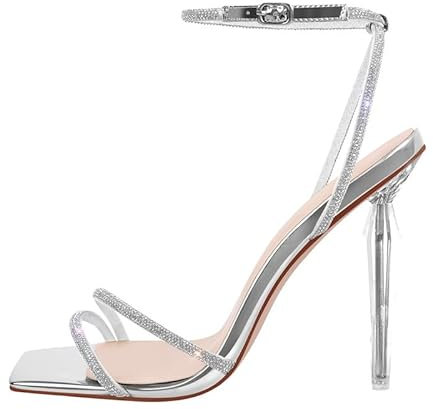 Meinabsatz Damen Stiletto Sandaletten Riemchen Sandalen Slingback High Heels Eckige Zehen Sommerschuhe Glitzer Strass Silber 39 EU