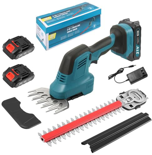2 en 1 Taille-Haies sans Fil 21V, Cisaille à Gazon Electrique avec Batterie 2 x 1500mAh et 2 Lames, Lame Longue 31 cm/Lame Courte 15 cm, pour Jardin, Pelouse, Arbustes,Gazon
