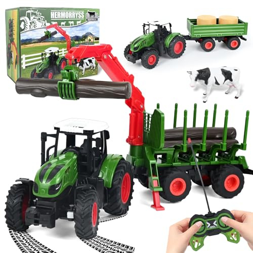 HERMORRYSS Trattore Telecomandato per Bambini 2.4ghz, Trattore Giocattolo con Morsetti per Legname e due Tipi di Rimorchi, Rimorchio Giocattolo, Camion Agricolo Giocattoli, per Ragazzi e Ragazze